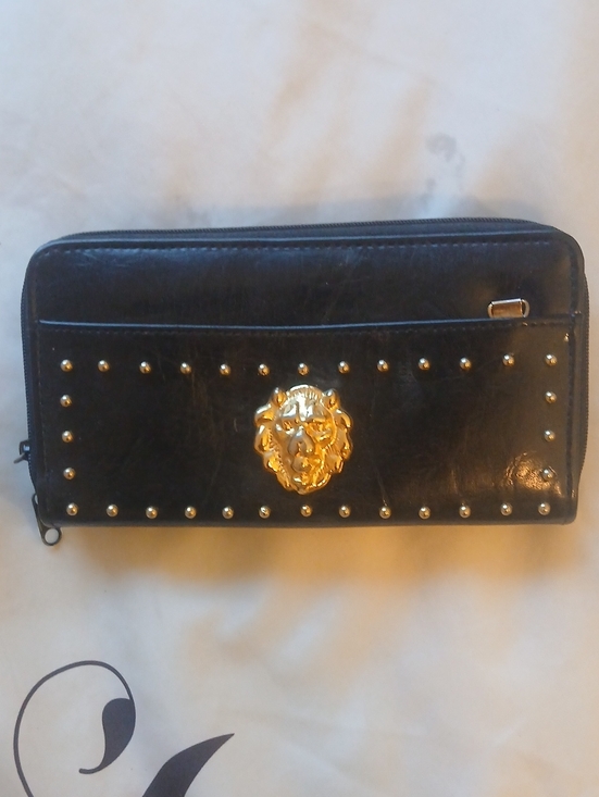 Handbags - Black Studded Zip-Around Wallet with Gold Lion Accent
